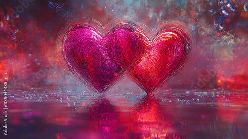 Abstract floating heart designs in vibrant pink and red tones on a glowing holographic background radiating romance