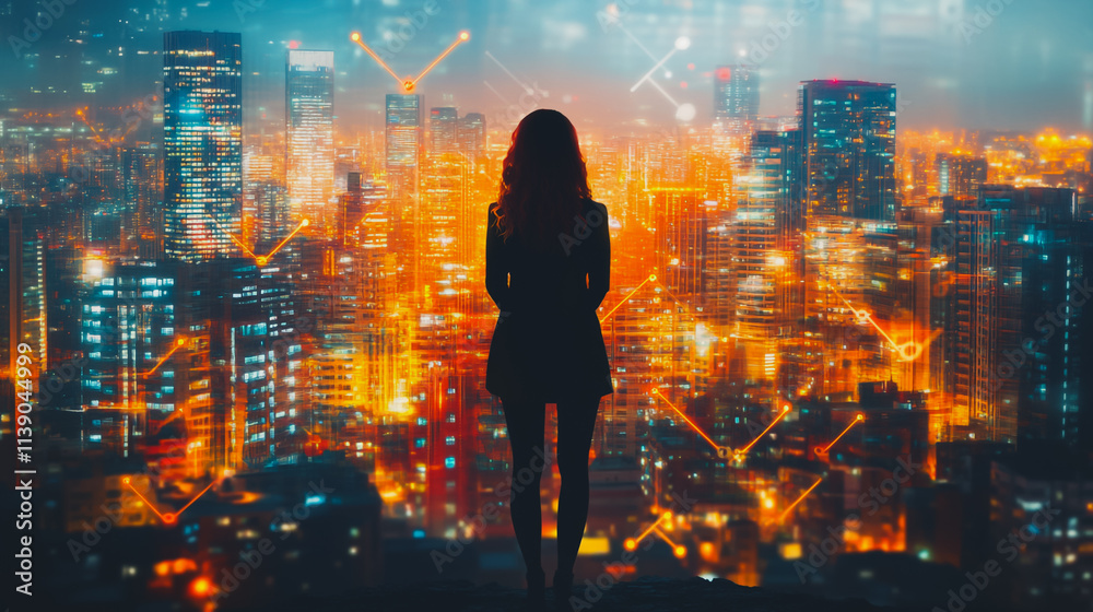 Abstract businesswoman stands on the peak of success Smart digital city with connection cyber security network reciprocity over the cityscape future wireless digital city and social media networking Abstract businesswoman stands on the peak of success Smart digital city with connection cyber security network reciprocity over the cityscape future wireless digital city and social media networking