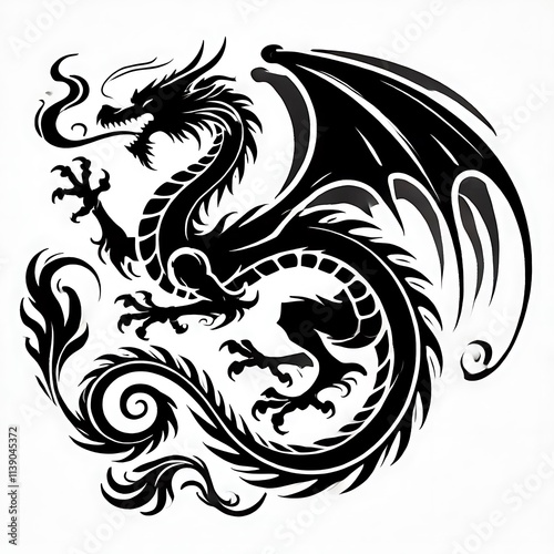 dragon Vector Illustration, dragon tattoo vector, Dragon silhouette vector black and white photo