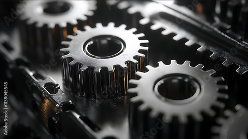 Closeup of metal gears in motion showcasing the intricate and precise mechanical movement The gear teeth should be detailed with sharp edges for realism Use monochr photo