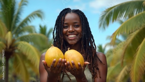 Smiling woman holding two ripe exotic fruits in a tropical orchard