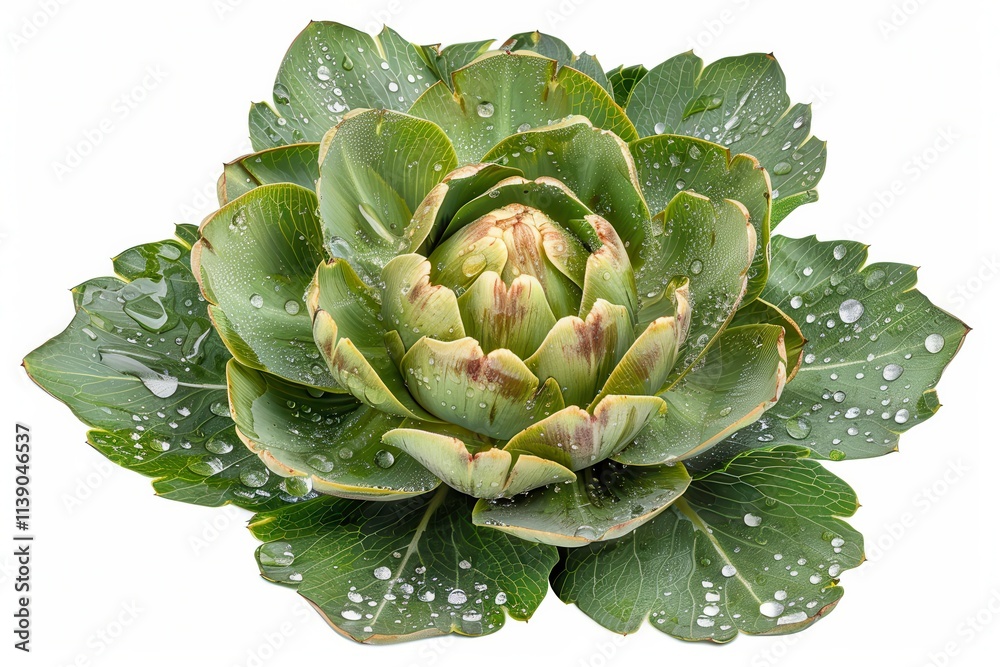 Obraz premium Closeup of Whole Artichoke With Leaves Spread out on a White Background Highlighting Its Texture and Freshness. Generative AI