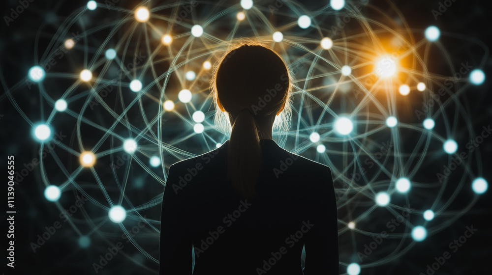 Abstract businesswoman stands on the peak of success Smart digital city with connection cyber security network reciprocity over the cityscape future wireless digital city and social media networking