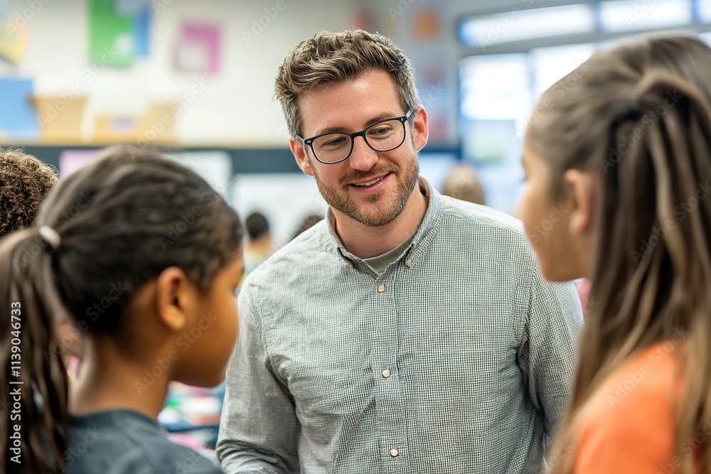 Smiling male teacher engaging with diverse students Smiling male teacher engaging with diverse students