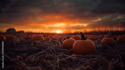 Sunset over a pumpkin patch. photo