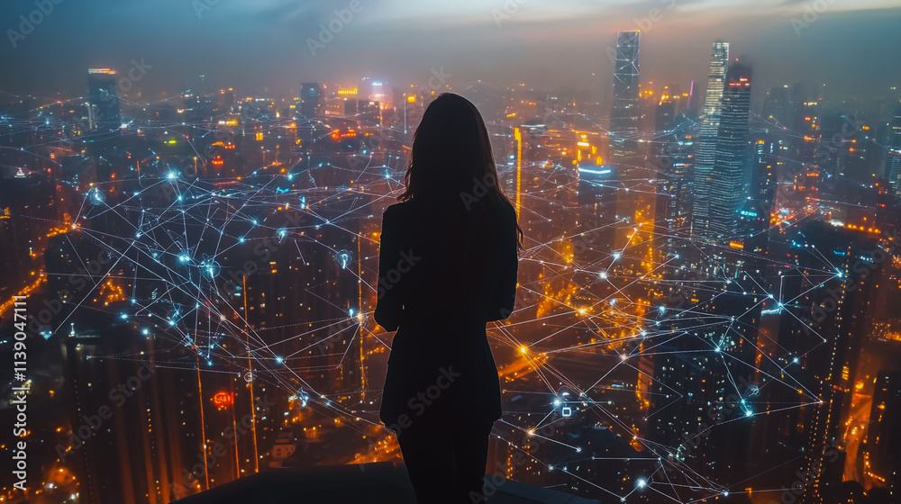 Abstract businesswoman stands on the peak of success Smart digital city with connection cyber security network reciprocity over the cityscape future wireless digital city and social media networking