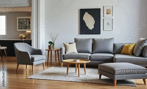 Modern Living Room Setup with Gray Sofa, Wooden Coffee Table, and Minimalist Decor for Cozy and Stylish Home photo