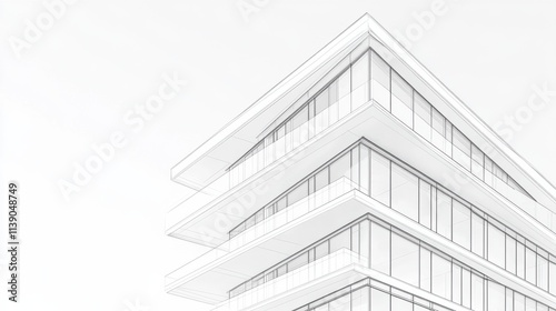 Modern Architectural Design of a Tall Building with Clean Lines and Large Glass Windows Against a Light Gray Background