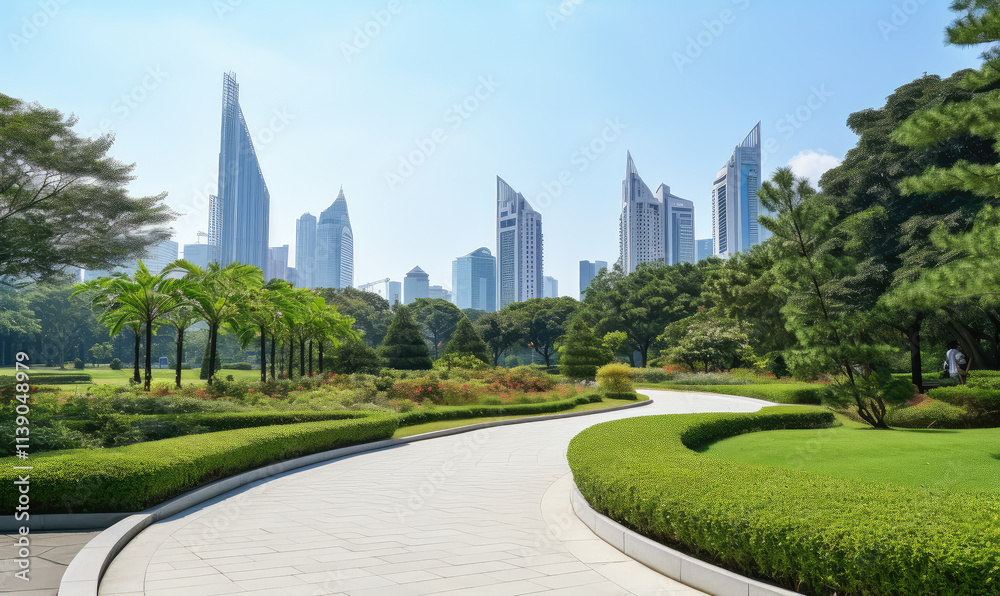 Urban Oasis: Green Park Pathway Amidst Skyscrapers Urban Oasis: Green Park Pathway Amidst Skyscrapers