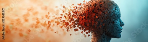 A puzzle head with pieces disintegrating, showing a brain affected by psychological disorders like Alzheimer s, autism, and dementia Generative AI, dynamic and emotional