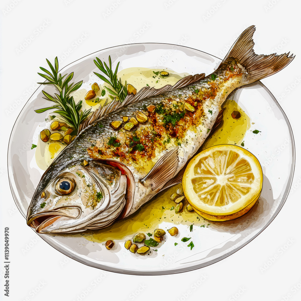 Pistachio Crusted Fish Food Menu Plate with Lemon and Olive Gourmet Cuisine Healthy Eating Presentation wihte background Pistachio Crusted Fish Food Menu Plate with Lemon and Olive Gourmet Cuisine Healthy Eating Presentation wihte background