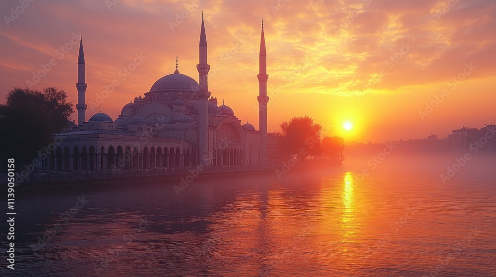 Naklejka premium A serene sunset over a mosque by the river, creating a tranquil atmosphere.