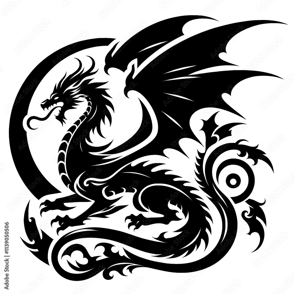 Fototapeta premium dragon Vector Illustration, dragon tattoo vector, Dragon silhouette vector black and white