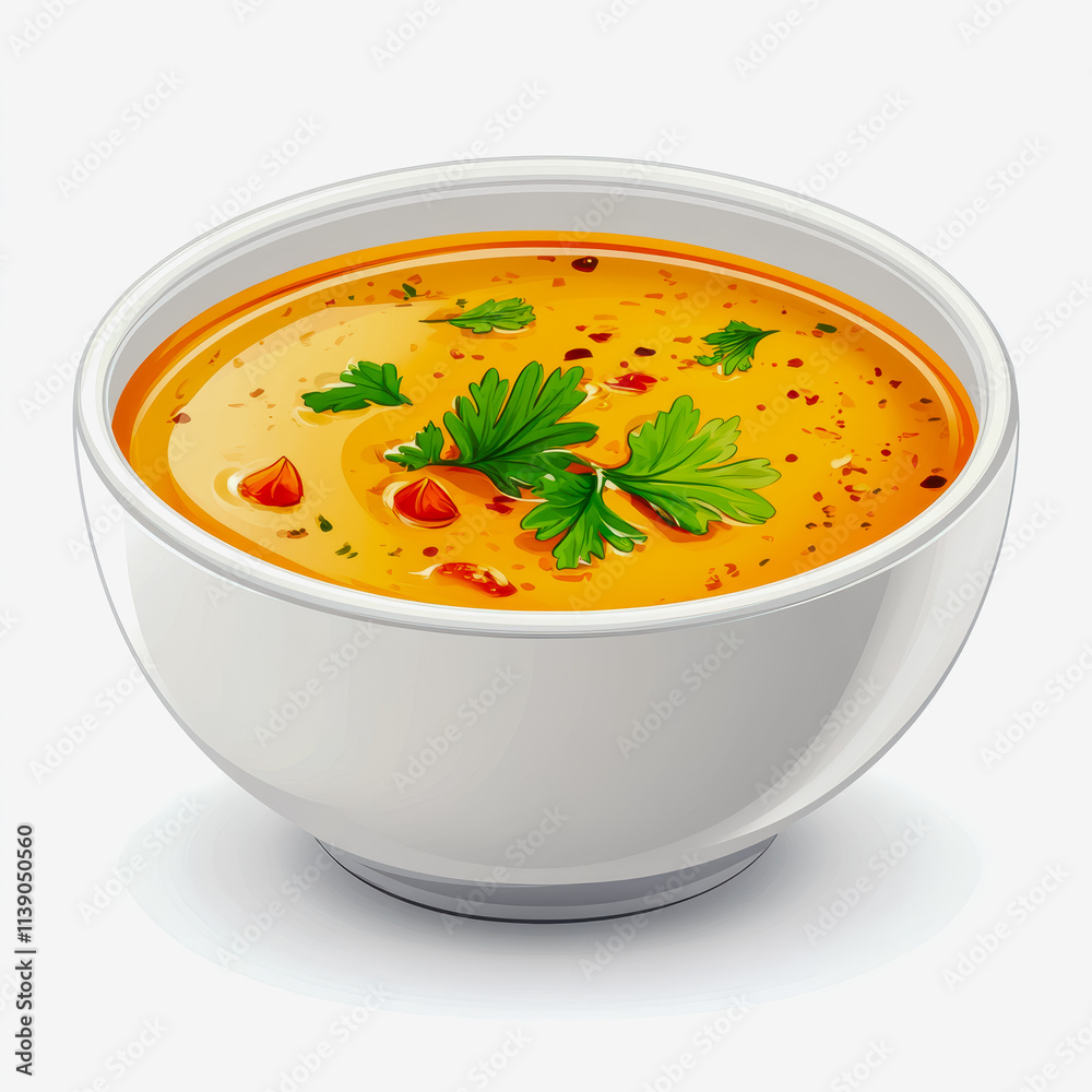 Delicious Saffron Soup Bowl with Parsley Garnish Perfect for Food Menus and Culinary Photography Ideas wihte background