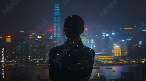 Abstract businesswoman stands on the peak of success Smart digital city with connection cyber security network reciprocity over the cityscape future wireless digital city and social media networking 