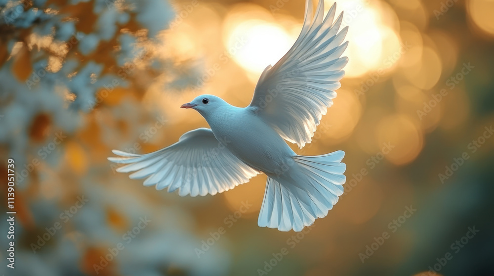 Fototapeta premium white bird gracefully flies through soft, golden lit background, showcasing its elegant wings. serene atmosphere evokes sense of peace and freedom