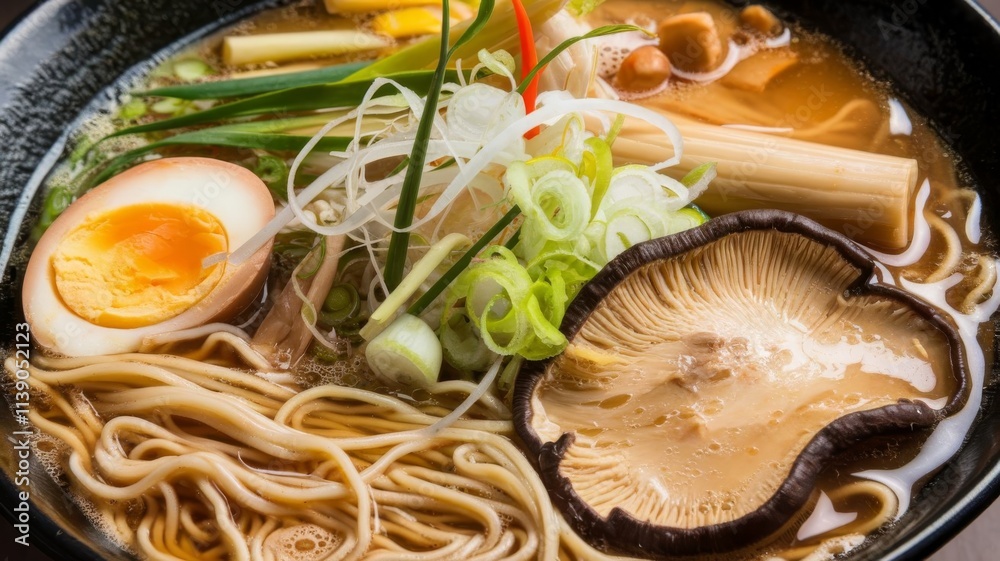 Bowl of ramen soup featuring a hard-boiled egg, assorted vegetables, and mushrooms Bowl of ramen soup featuring a hard-boiled egg, assorted vegetables, and mushrooms