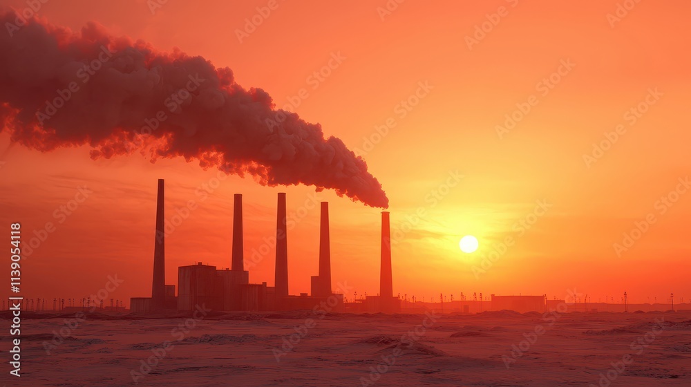 Sunrise Over Industrial Plant with Smoke Emissions in Background Sunrise Over Industrial Plant with Smoke Emissions in Background
