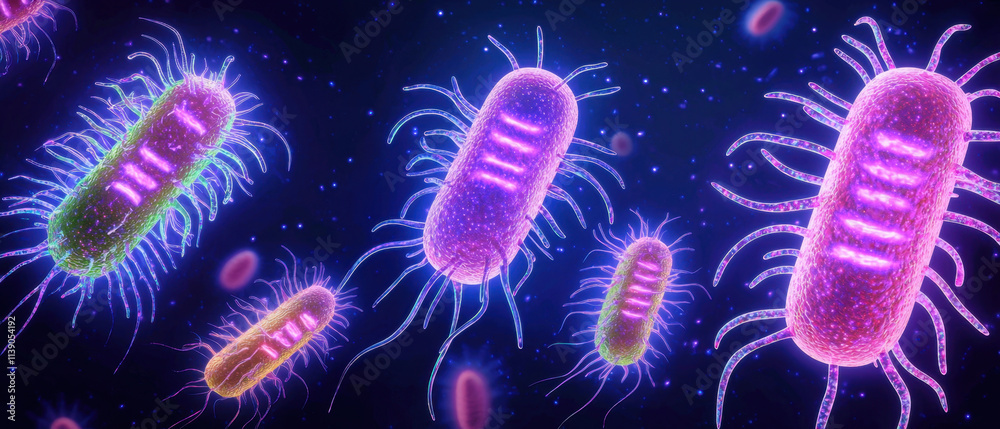Colorful abstract germs under UV light, showcasing vibrant bacteria with glowing features. This highlights intricate details of microorganisms in captivating manner