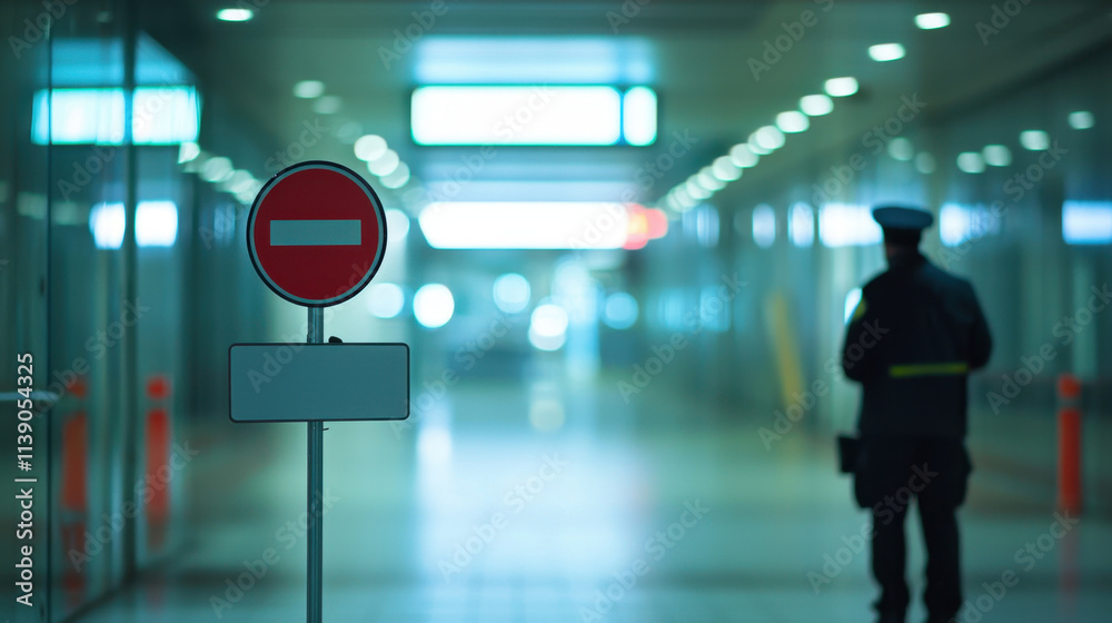 Access denied sign in corridor with security guard standing nearby, creating sense of restriction and caution in modern environment Access denied sign in corridor with security guard standing nearby, creating sense of restriction and caution in modern environment