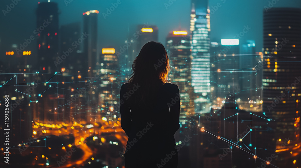 Abstract businesswoman stands on the peak of success Smart digital city with connection cyber security network reciprocity over the cityscape future wireless digital city and social media networking 