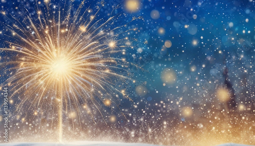 New year banner background with snow falling, golden and blue fireworks, bokeh lights blur dark background, copy space for new year text. Generative AI
