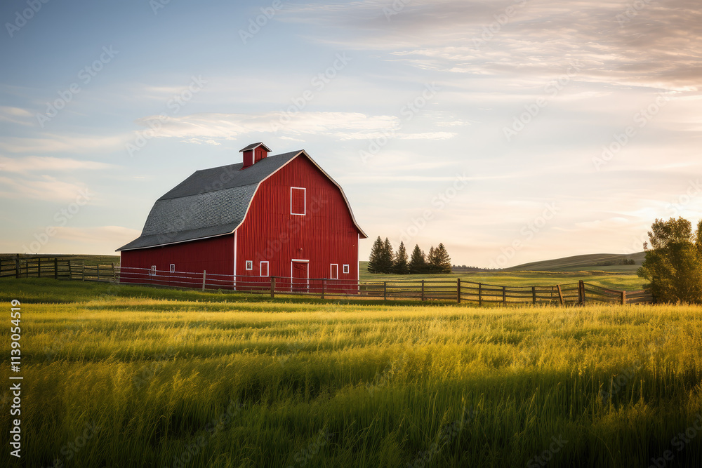 Idyllic Red Barn at Sunset in Lush Farmland Idyllic Red Barn at Sunset in Lush Farmland