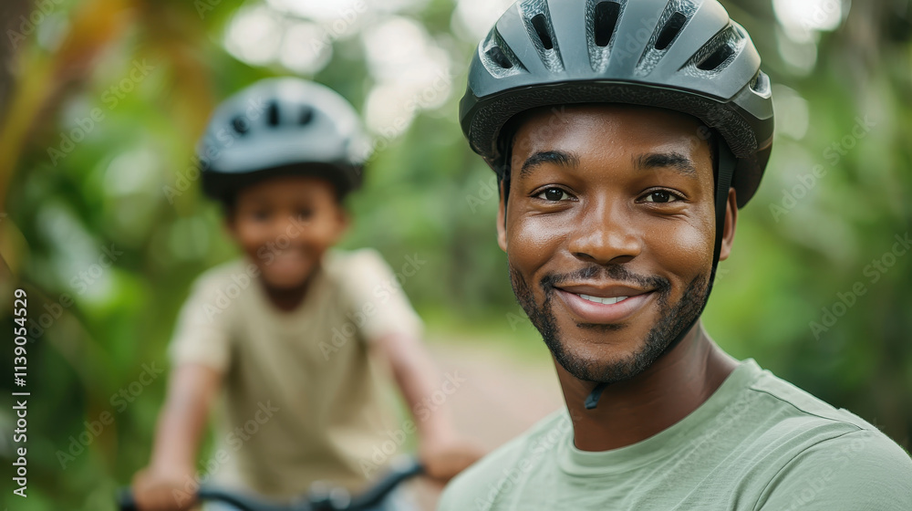 joyful man and child wearing helmets, biking in nature joyful man and child wearing helmets, biking in nature