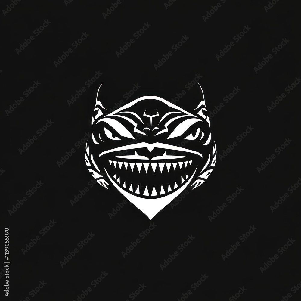 Fierce stylized creature head, black and white. Fierce stylized creature head, black and white.