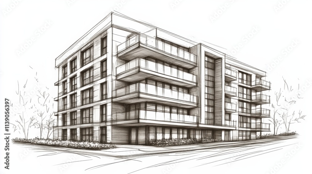 Detailed Architectural Sketch of a Modern Apartment Building with Balconies Set in a Residential Neighborhood Surrounded by Lush Greenery and Urban Landscape Detailed Architectural Sketch of a Modern Apartment Building with Balconies Set in a Residential Neighborhood Surrounded by Lush Greenery and Urban Landscape