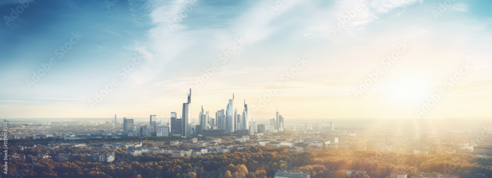 Naklejka premium Sunrise Over Urban Cityscape Panoramic View