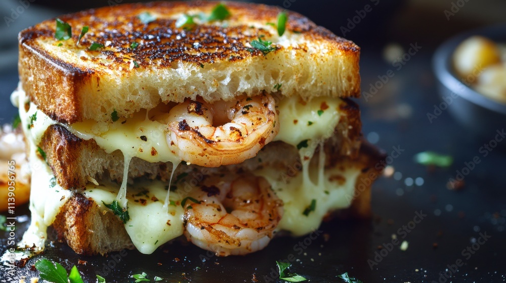 Gourmet Grilled Cheese Sandwich with Shrimp, Melted Cheese, and Crispy Toasted Bread on a Dark Surface, Captured in Mouthwatering Detail Gourmet Grilled Cheese Sandwich with Shrimp, Melted Cheese, and Crispy Toasted Bread on a Dark Surface, Captured in Mouthwatering Detail