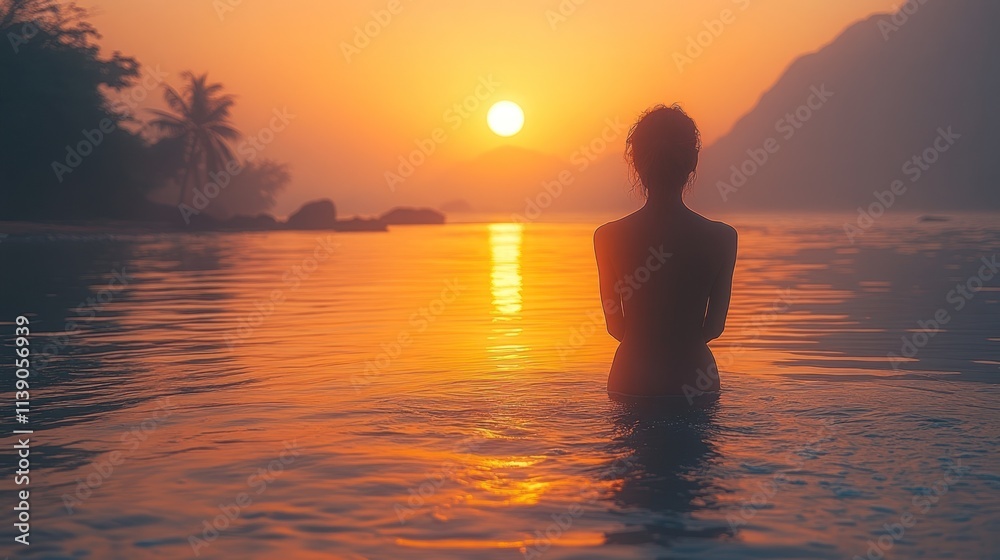 custom made wallpaper toronto digitalA serene sunset scene with a person silhouetted in water, reflecting tranquility and beauty.