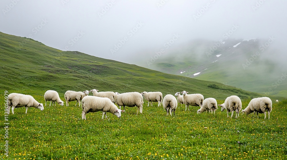 Fototapeta premium Sheep grazing on a misty mountain pasture.