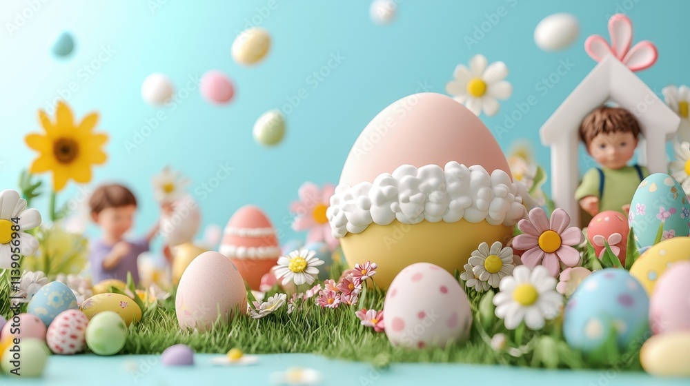 Celebrating Spring with Colorful Easter Eggs and Playful Figurines Celebrating Spring with Colorful Easter Eggs and Playful Figurines