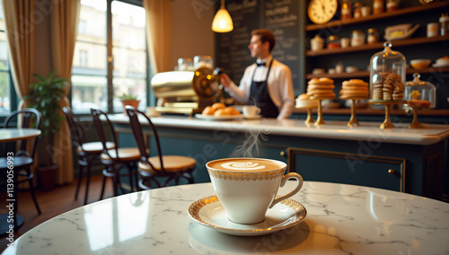 Steaming latte in the foreground with vintage parisian patisserie café ambiance - Generative AI photo