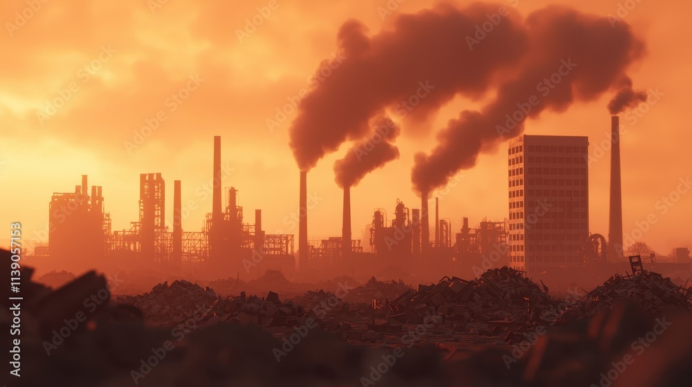 Industrial skyline at sunset with smoke and pollution effects Industrial skyline at sunset with smoke and pollution effects