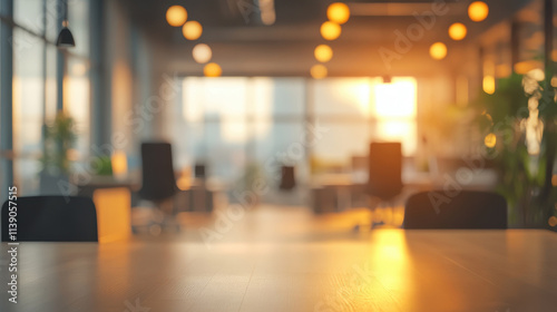 Wallpaper Mural blurred office background with warm sunlight streaming through large windows, creating serene atmosphere. scene features modern furniture and soft lighting Torontodigital.ca