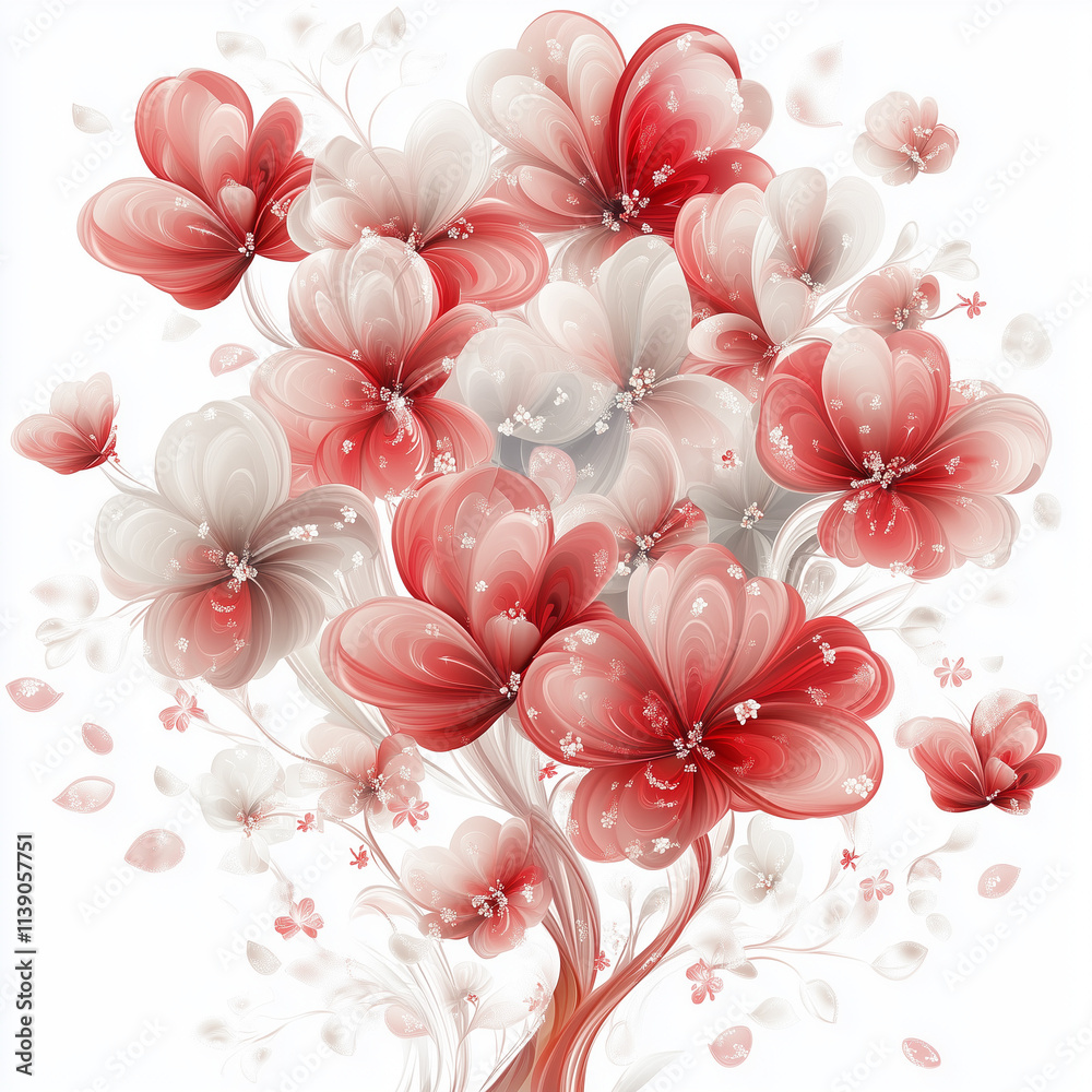 A luxurious bouquet of red and white sakura flowers, elegantly arranged on a white background, symbolizing spring, romance, tenderness, harmony of nature and the exquisite beauty of flowering. A luxurious bouquet of red and white sakura flowers, elegantly arranged on a white background, symbolizing spring, romance, tenderness, harmony of nature and the exquisite beauty of flowering.
