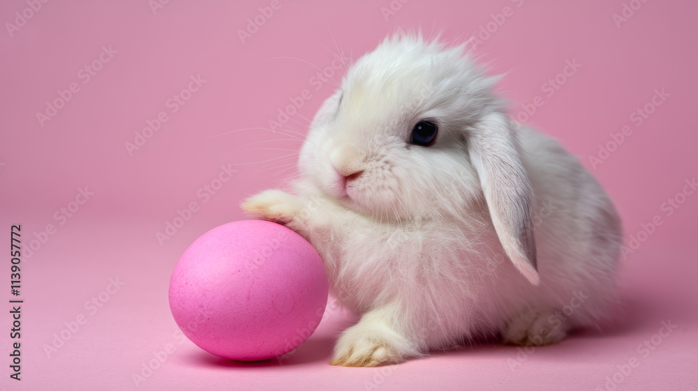Cute White Bunny Playing with Pink Easter Egg with Copy-Space Cute White Bunny Playing with Pink Easter Egg with Copy-Space