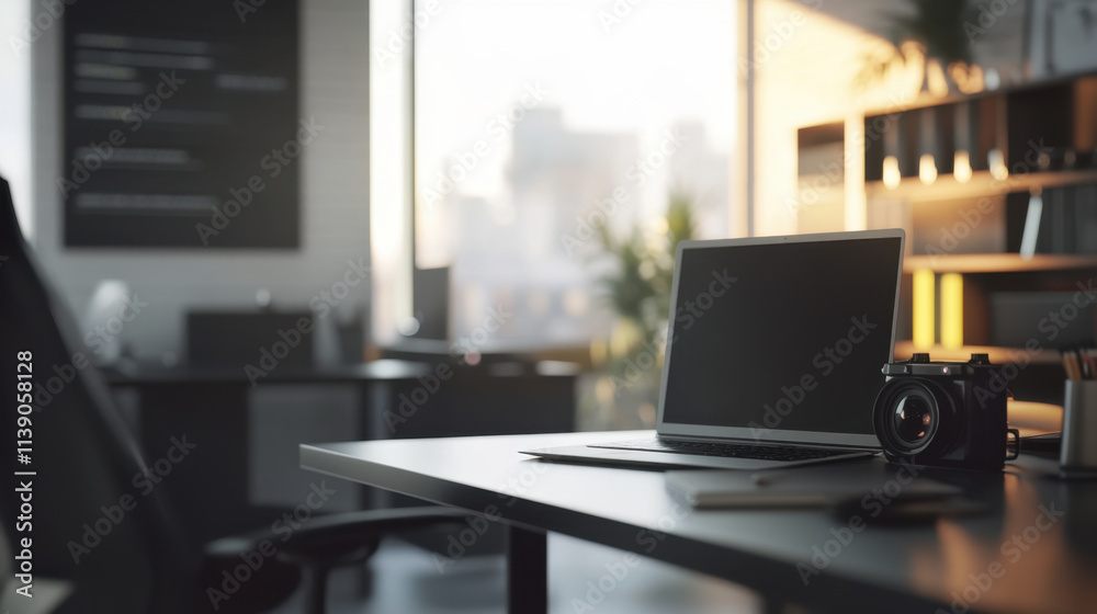 modern office workspace featuring laptop, camera, and stationery, illuminated by natural light. open space creates productive atmosphere modern office workspace featuring laptop, camera, and stationery, illuminated by natural light. open space creates productive atmosphere