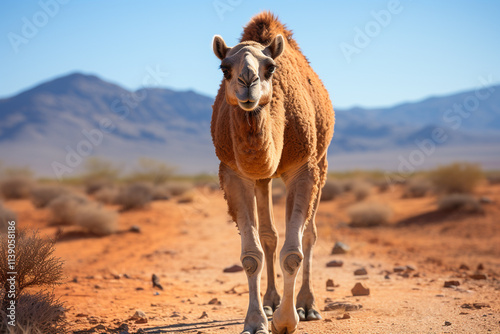 Camel in Desert: Serene Scene Amid Sparse Grass and Endless Sands photo