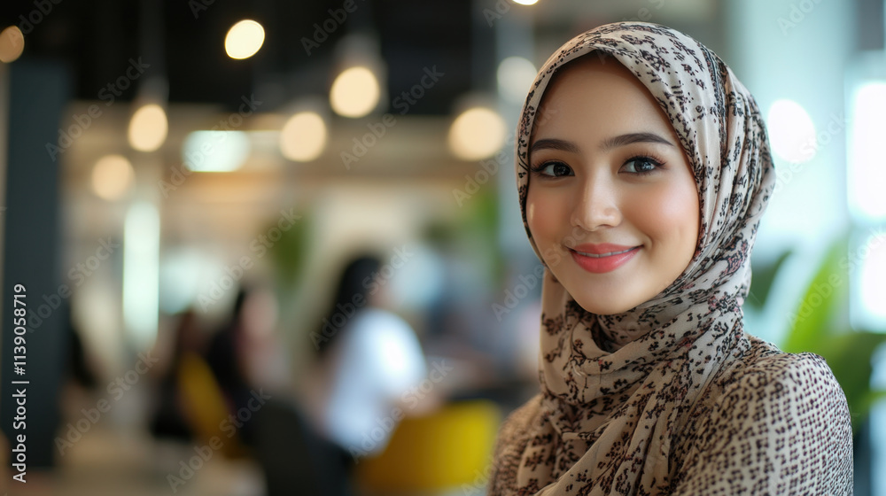 young woman in hijab smiles warmly in modern office setting, surrounded by blurred figures in casual attire. atmosphere is vibrant and inviting young woman in hijab smiles warmly in modern office setting, surrounded by blurred figures in casual attire. atmosphere is vibrant and inviting