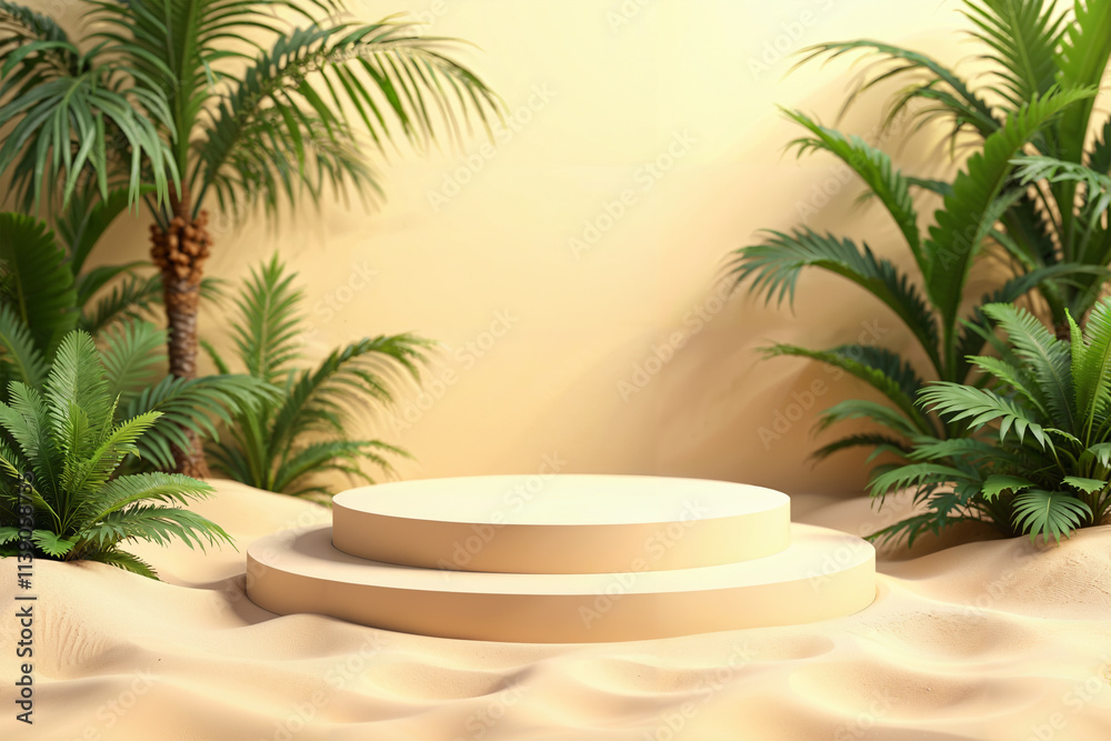 Round podium with desert oasis view with two-tier podium in light cream color