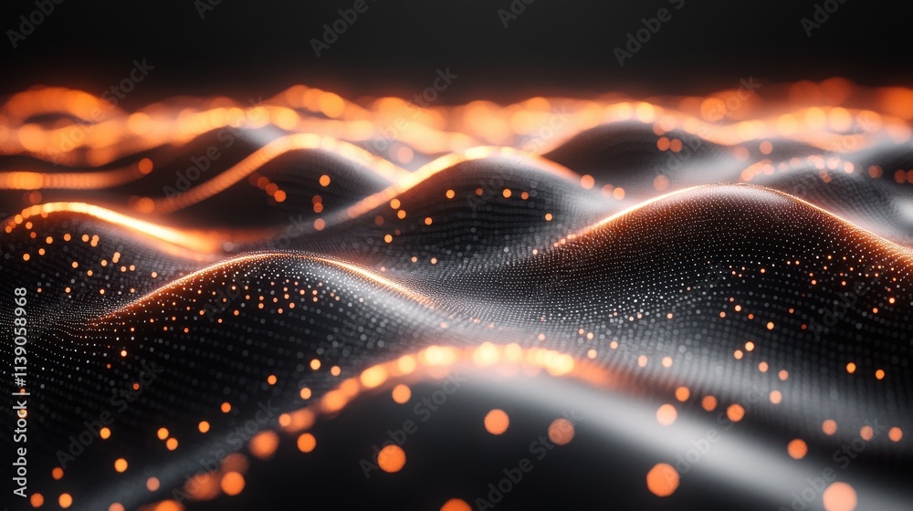 Obraz premium abstract 3d rendering of waves with particles on black background futuristic background with lines of many low poly spheres design for poster cover banner placar
