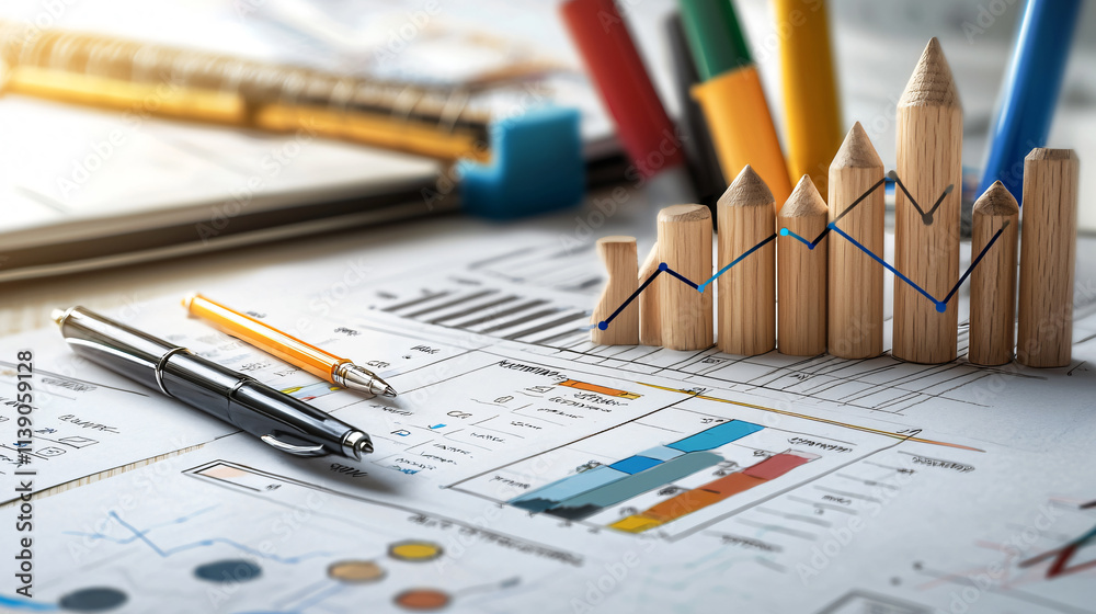 Creative campaign board with planners, content calendar, and graphs. image showcases pen, wooden graph markers, and colorful charts, emphasizing organization and strategy Creative campaign board with planners, content calendar, and graphs. image showcases pen, wooden graph markers, and colorful charts, emphasizing organization and strategy