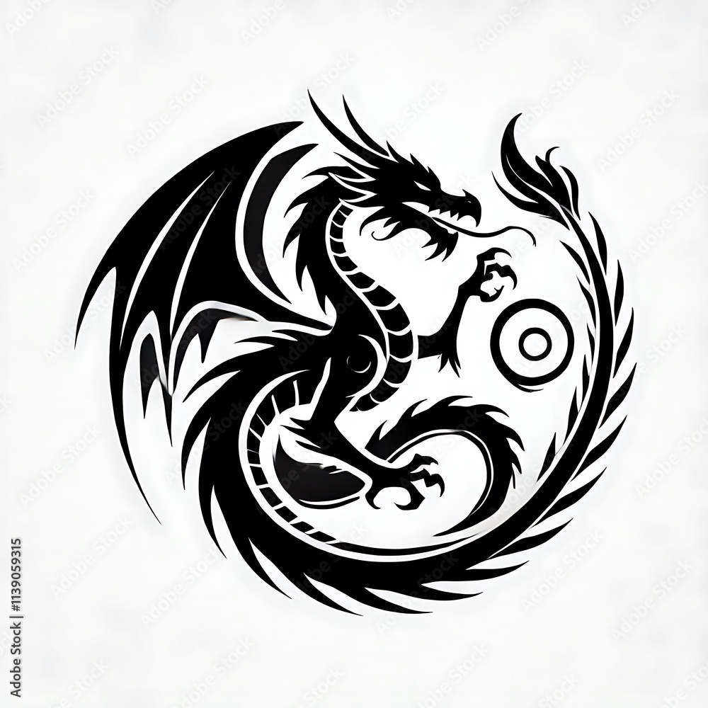 Obraz premium dragon Vector Illustration, dragon tattoo vector, Dragon silhouette vector black and white