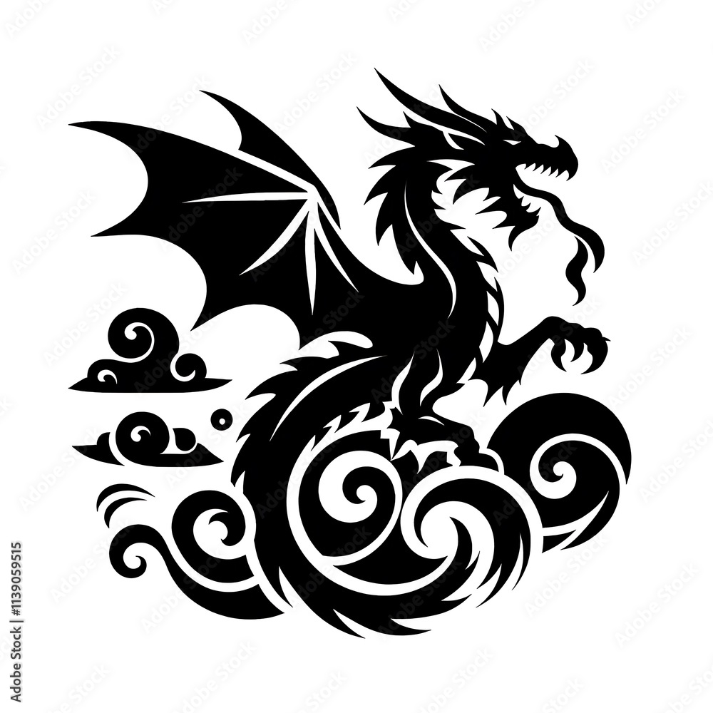 Obraz premium dragon Vector Illustration, dragon tattoo vector, Dragon silhouette vector black and white