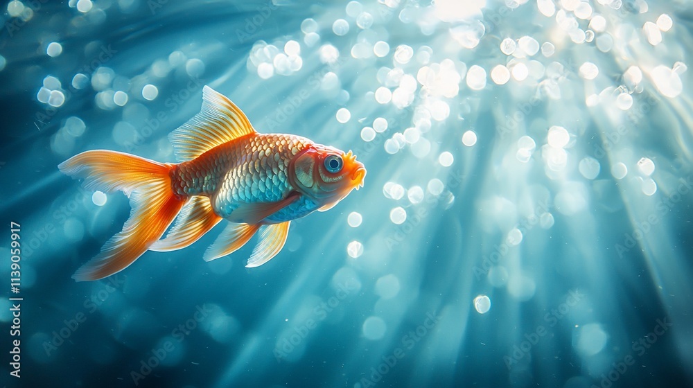 Single goldfish swimming in sunlit aquarium water. Single goldfish swimming in sunlit aquarium water.