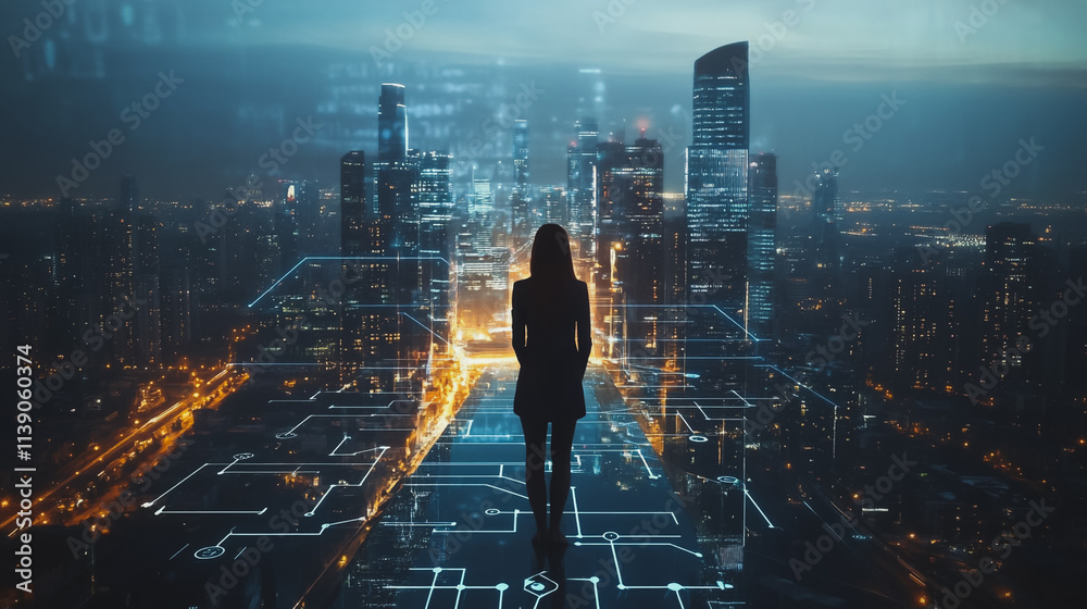 Abstract businesswoman stands on the peak of success Smart digital city with connection cyber security network reciprocity over the cityscape future wireless digital city and social media networking 